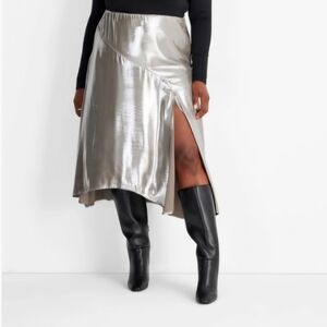Asymmetrical Satin Midi Skirt with Side Slit - Silver